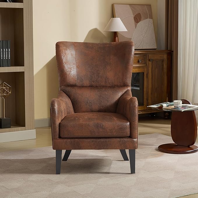 Mid-Century Modern Wingback Chairs, Accent Club Chair with Nailhead Trim, Faux Leather Armchair Sofa Reading for Living Room Single Sofa Armchair Office