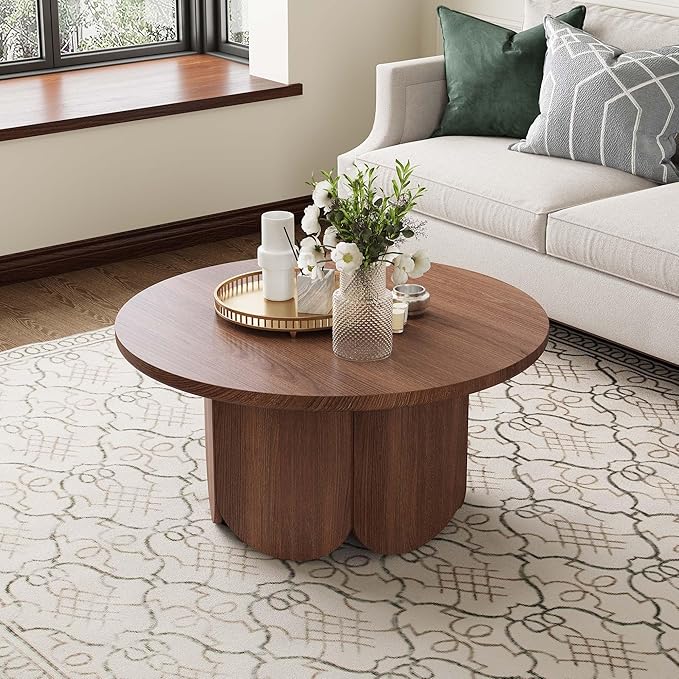 31.5” Round Small Coffee Table - Premium Wood Modern Center Tables with Petal-Shaped Base for Living Room, Apartment & Small Space, Easy Assembly