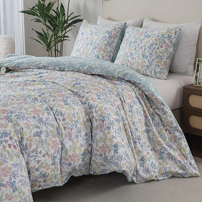 HoneiLife Cotton Queen Duvet Cover - Floral Comforter Cover 3-Piece, Botanical Bedlinen Sets with Zipper Closure & Corner Ties, Wildflower Bedlinen Sets for All Season Use