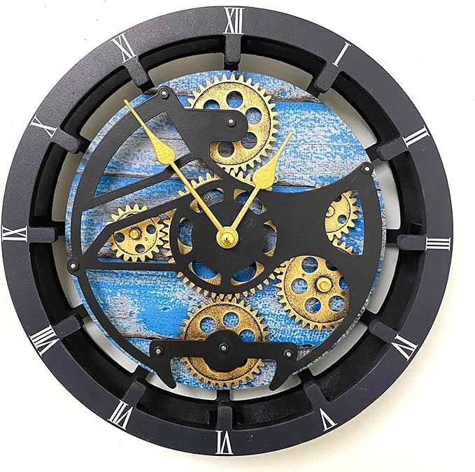 ImprovingLife The Gears Clock Desk Clock 10 inches with Real Moving Gears Convertible into Wall Clock (Ocean Blue)