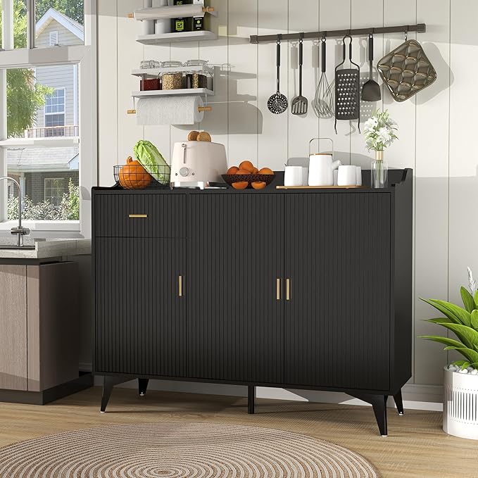 Black Buffet Cabinet with Storage: 47" Fluted Sideboard Cabinet with Drawers, Wood Accent Cabinet with 3 Doors, Wood Credenzas for Living Room, Kitchen (47")
