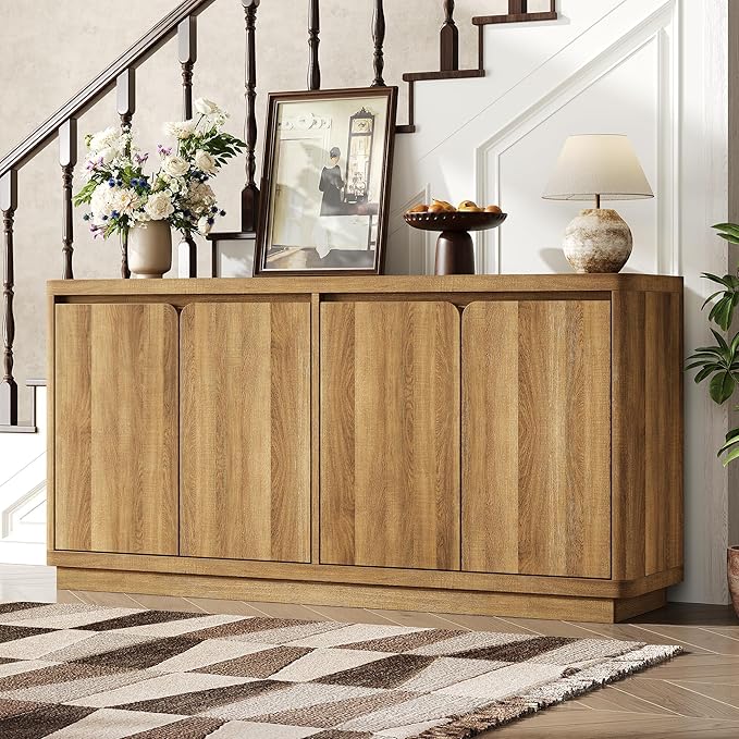 Buffet Cabinet with Storage, Outlet & Adjustable Shelves, Sideboard Cabinet with Double-Arc Doors, Classic Modern Wood Console Table & Credenza for Dining Room & Entryway