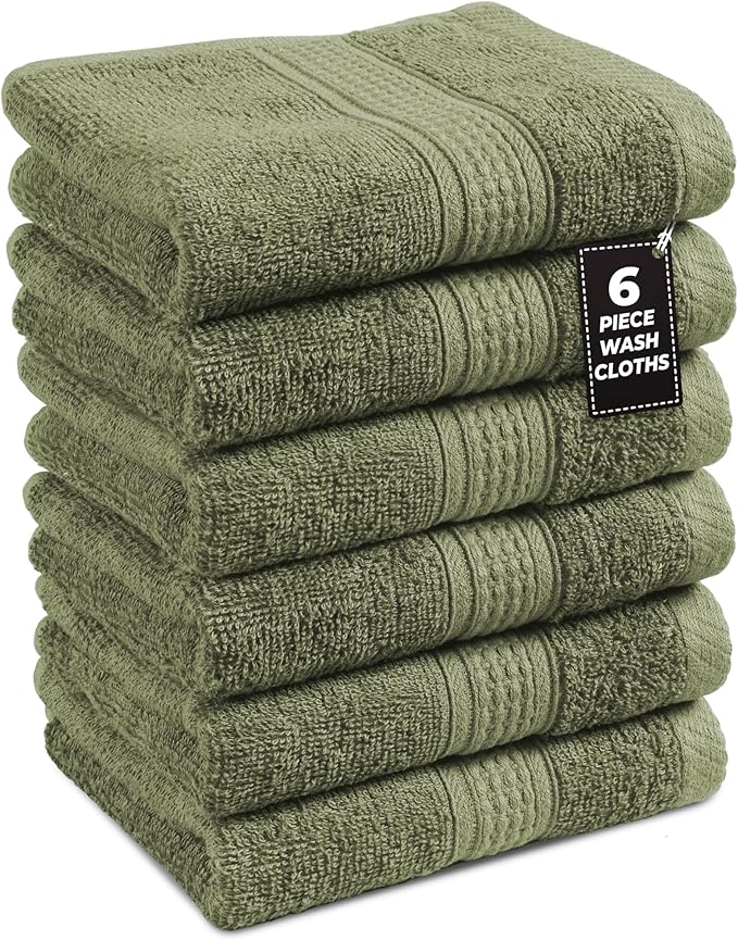 LANE LINEN 100% Cotton Washcloths 6 Pack - Spa & Salon Quality - Ring Spun Cotton Face Cloths - Very Soft & Absorbent Wash Cloths for Body, Beauty, Home, Gym - Fingertip Towels - 13"x13", Oil Green