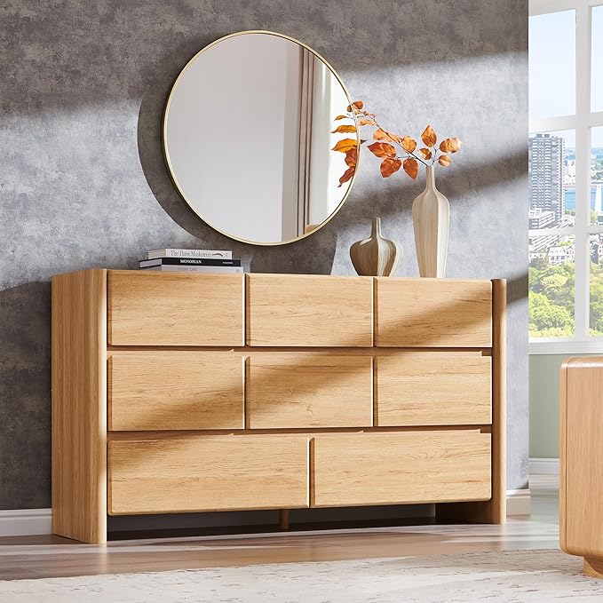 Modern 8 Drawers Dresser for Bedroom, 55" Wide Dresser w/Large Storage & Rounded Corner, Wood Handleless Chests of Drawers w/Natural Texture for Bedroom, Hallway, Living Room-Natural