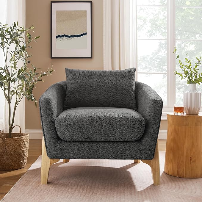 VANOMi Modern Accent Chairs, Sherpa Armchair with Cushion, Comfy Reading Chairs for Adults, Living Room, Corner, Apartment, Dark Grey