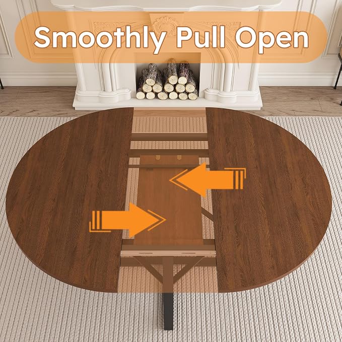 43"-59" Extendable Round Dining Table for 4-6,Mid Century Modern Walnut Wood Grain Table,Expandable Kitchen Table with Metal Storage Shelf for Small Spaces