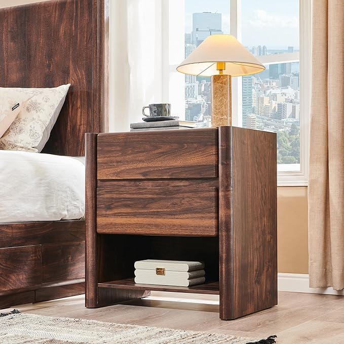 25" Tall Modern Nightstand Set of 2, 23.6" W Nightstand with Charging Station & 2 Storage Drawers & Open Shelf, Wood Night Stand w/Rounded Corner Design for Bedroom, Living Room (Brown)