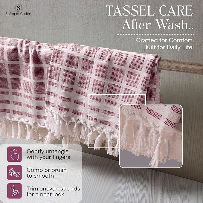 Matrix Dobby Kitchen Towels 4 Pack 100% Cotton, 16x26 Inches, Decorative Tea Towels with Handmade Tassels, Absorbent Reusable Dish Cloths for Kitchen Drying - Burgundy Wine, Natural