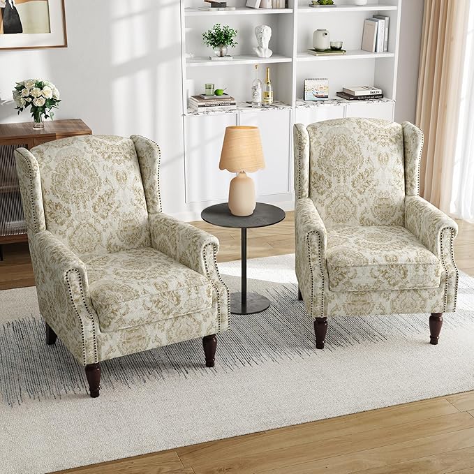 Pia Ricco Set of 2 Floral Accent Chairs, High Back Upholstered Armchairs with Retro Wingback Design, Nailhead Trim & Solid Wood Legs for Living Room Bedroom Home Office(Flower White)