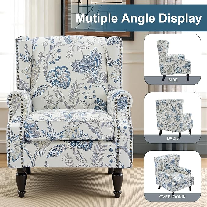 Wingback Chairs Set of 2, High Back Floral Accent Chair in Fabric, Comfy Upholstered Armchair with Nailhead Trim for Living Room, Single Sofa Reading Chair for Small Spaces, Bedroom-Plants Blue