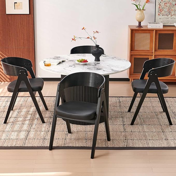 Howtek 47″ Round Dining Table Set for 4-6 People, 5 Piece Modern Kitchen Table with Faux White Marble Wood Grain Finish & 4 PU Leather Upholstered Dining Chairs(Curved Backrest & Solid Wood Legs )