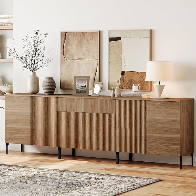 WAMPAT 94.5" Buffet Sideboard Cabinet with 1 Drawer & 6 Doors, 3-in-1 Fluted Sideboard with Adjustable Shelves, Modern Buffet Table Coffee Bar Wine Bar Cabinet for Dining Room, Living Room, Walnut