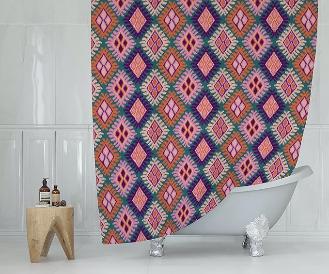Pink Ikat Print Shower Curtain, Bathroom Decor, Boho Colorful Modern Fabric Shower Curtain 72x72 Inches (Ikat)