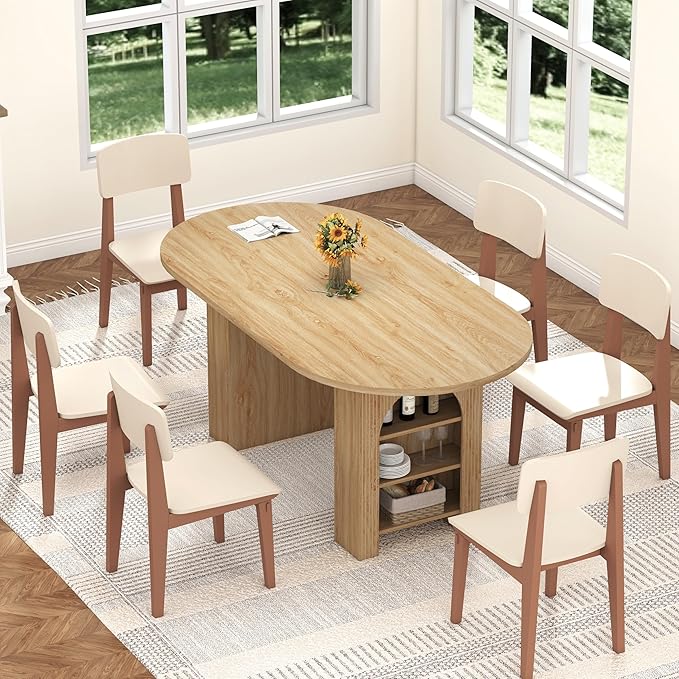 70.8" Oval Dining Table with Dual Side Storage Shelves, Wooden Table for 4–6 People, Modern Farmhouse Round Dinner Tables for Kitchen Living Room (Natural, Table Only)