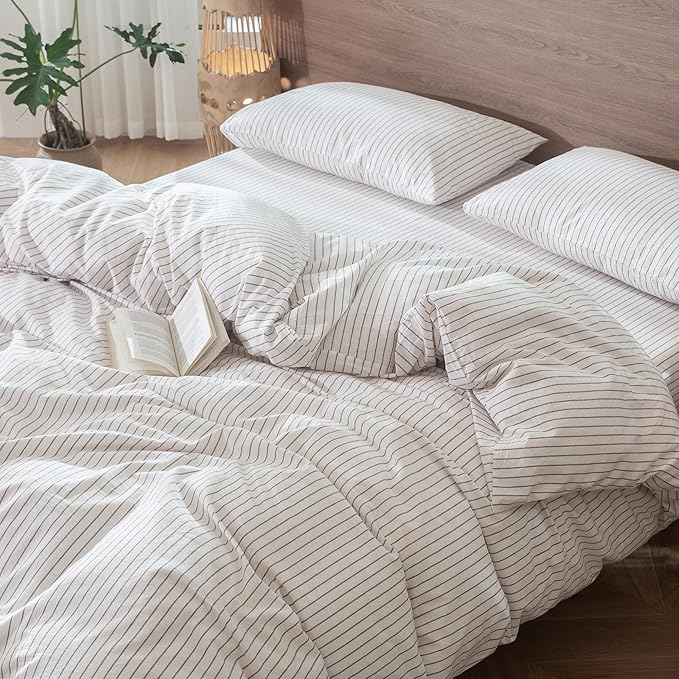 MooMee Striped Duvet Cover Set 100% Washed Cotton Linen Like Textured Breathable Durable Soft Comfy (White Orange Wide Stripes, Twin 68"x90")
