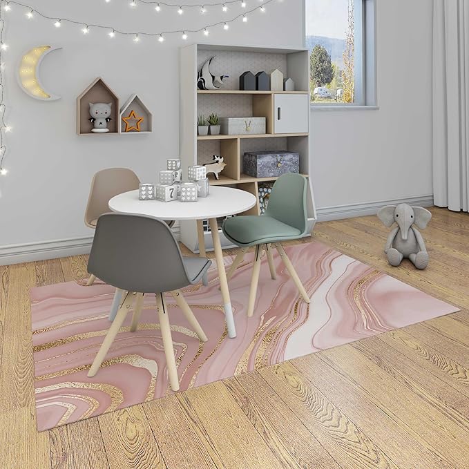 Ansouyi Non-Slip 5x7 ft Area Rugs, Washable Rug Carpet for Living Room, Pink with Gold Abstract Liquid Marble Home Decor Rugs for Game Room Classroom Bedroom Dining Kindergarten Room