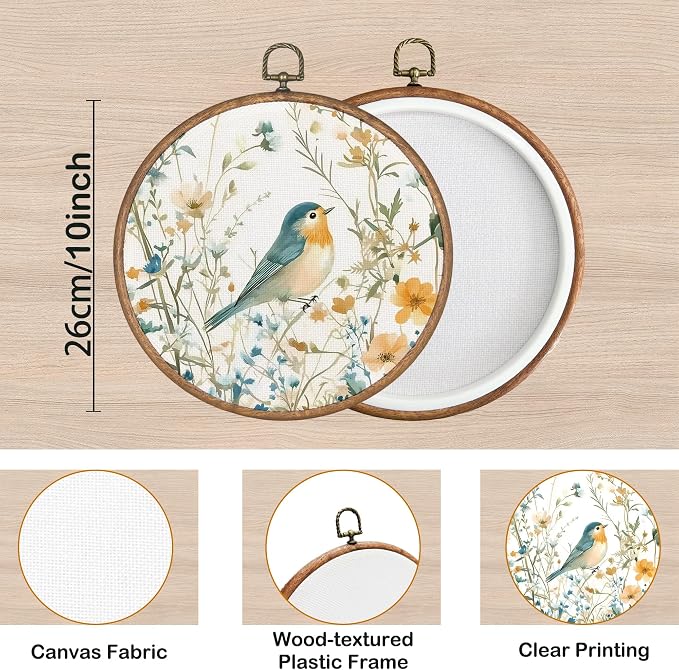 KSDUT Retro Aesthetic Floral Bird Wall Art Decor - Botanical Neutral Mid Century Modern Wall Art Canvas Frame Hanging Prints, Vintage Landscape Round Wall Art Decor for Home Decorations 10"x10"
