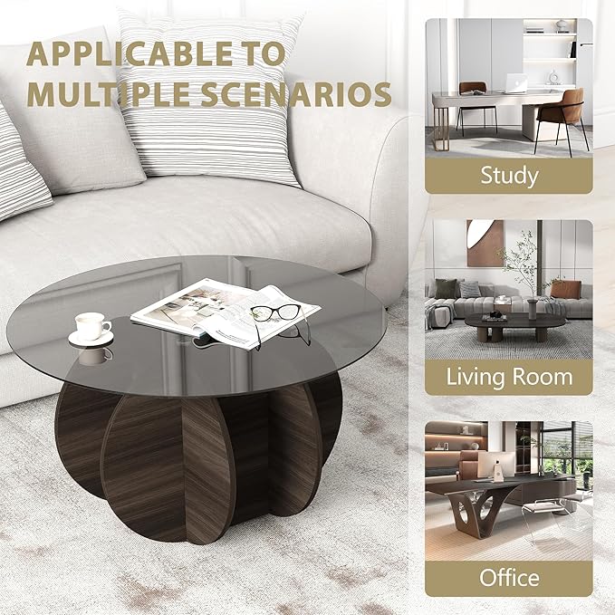 Glass Coffee Table, Round Coffee Table with Petal-Inspired Base, Modern Minimalist Coffee Table for Decoration, Gray Coffee Tables for Living Room, Study Room, Office