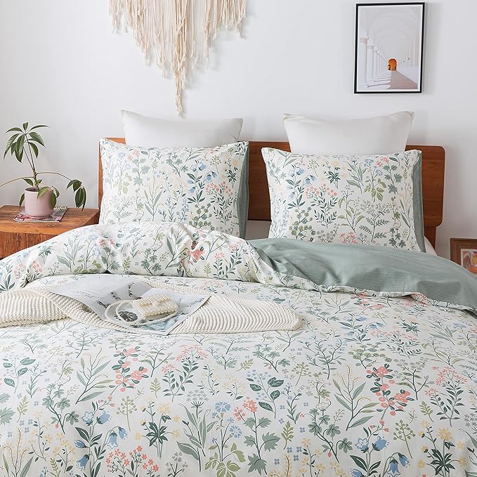 HoneiLife King Size 100% Cotton Floral Breathable Duvet Cover with Zipper Closure & Corner Ties,3pcs Wildflower Comforter Cover Sets- Fragrant Grass