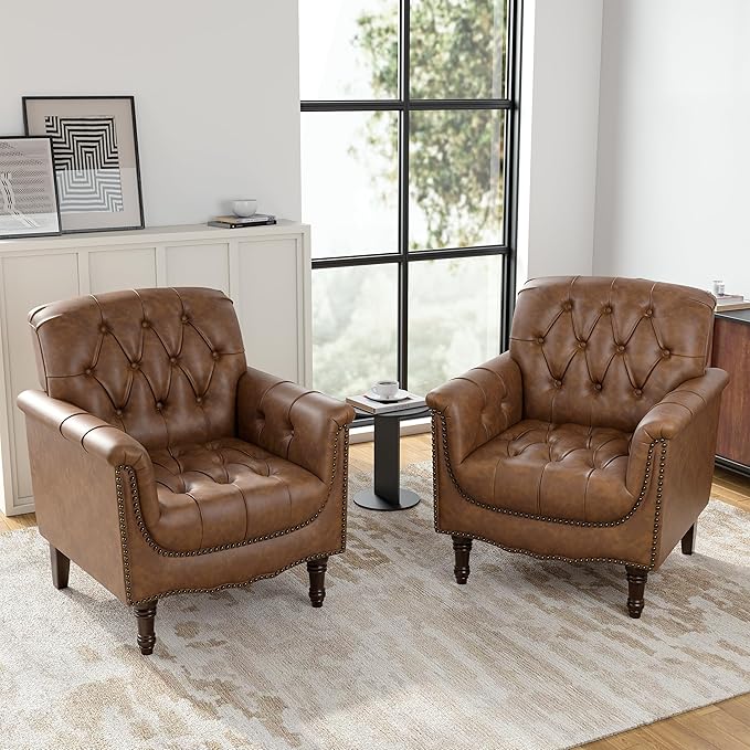 Faux Leather Club Chair, Retro Upholstered Armchair Accent Chair with Solid Wood Legs & Nailhead Trim for Living Room, Bedroom, Reading Room, Brown