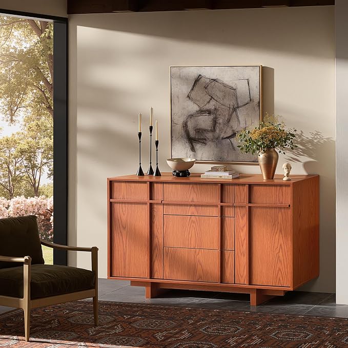 Sideboard Buffet Cabinet with Storage, 47.2" Large Sideboard with 2 Doors&3 Drawers, Mid Century Modern Credenza with Skeleton line&Wood Grain for Living Room, Kitchen and Entryway, Cherry