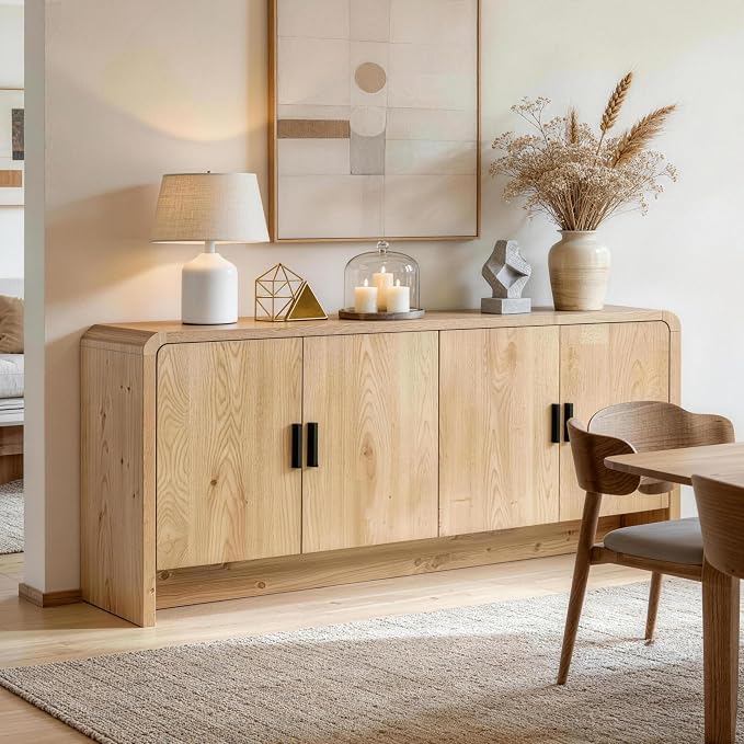 Finnhomy 68'' Sideboard Buffet Cabinet with Storage, Curved Design Credenza Storage Cabinet with 4 Doors, Console Cabinet for Kitchen, Living Room & Hallway, Natural