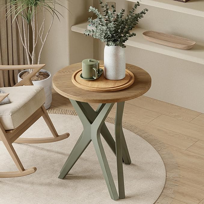 LONYKE Pedestal Farmhouse End Table, Distressed Top with Tripod Base Bedside Table for Living Room, Modern, Boho, Round, Sage Green