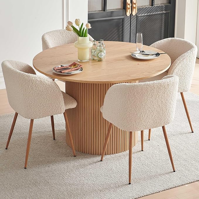 5 Piece Modern Round Dining Table and 4 Off White Barrel Kitchen Chairs Set, 47" Kitchen Table Wooden with Oak Veneer Tabletop, Faux Fur Sherpa Round Dining Chairs Table Set, Metal Frame