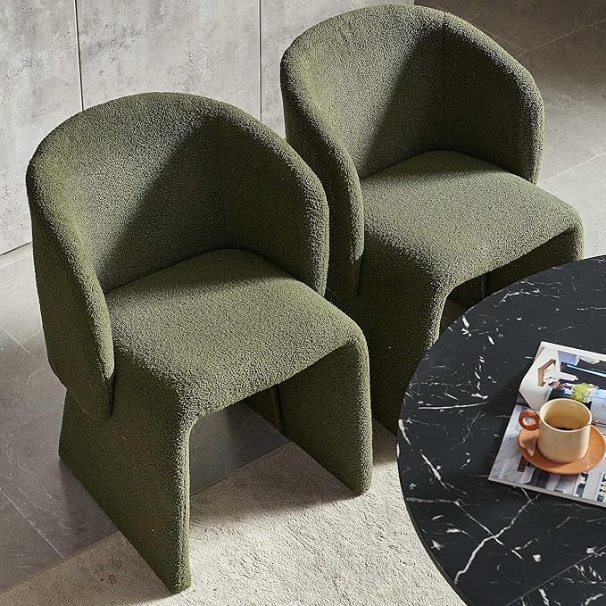 NORDICANA 5-Piece Round Dining Table Set for 4, Modern 47-Inch Kitchen Table and Chair Set, Dining Set with Dark Green Upholstered Armchairs, Manufactured Wood Top with Black Marble Effect Finish