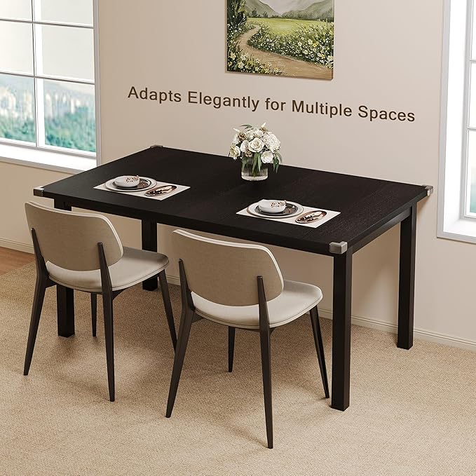 Modern Extendable Dining Table for 4-6, 63" Farmhouse Kitchen Table, Rectangular Dining Room Tables for Dining, Kitchen, Office, Living Room, Wooden Tables, Space Saving (Black)