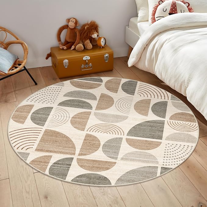 MUJOO Round Rugs 5ft,Circle Area Rug Washable,Circular Rugs for Living Room Dining Room,Boho Non Slip Throw Floor Carpet Modern Abstract Bohemian Neutral Beige