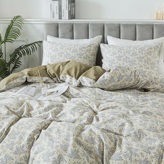 HoneiLife Floral Duvet Cover King - 100% Cotton Comforter Cover,Breathable Bedlinen Set with Zipper Closure & Corner Ties, Botanical Comforter Cover Sets 3-PC