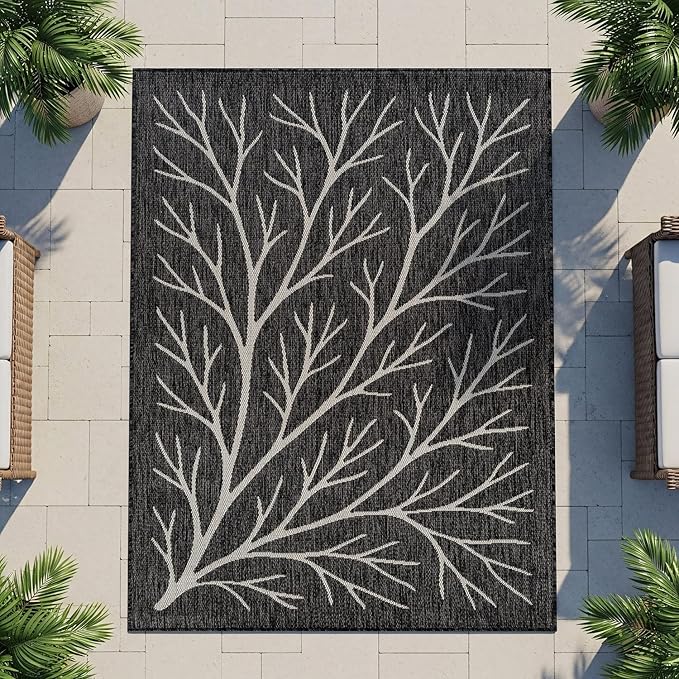 Washable Indoor Outdoor Rug 6x9 Modern Area Rugs Branch Pattern Non Shedding Waterproof Easy Clean Patio Deck Porch Living Room Bedroom Garden RV (6 X 9 Dark Gray)