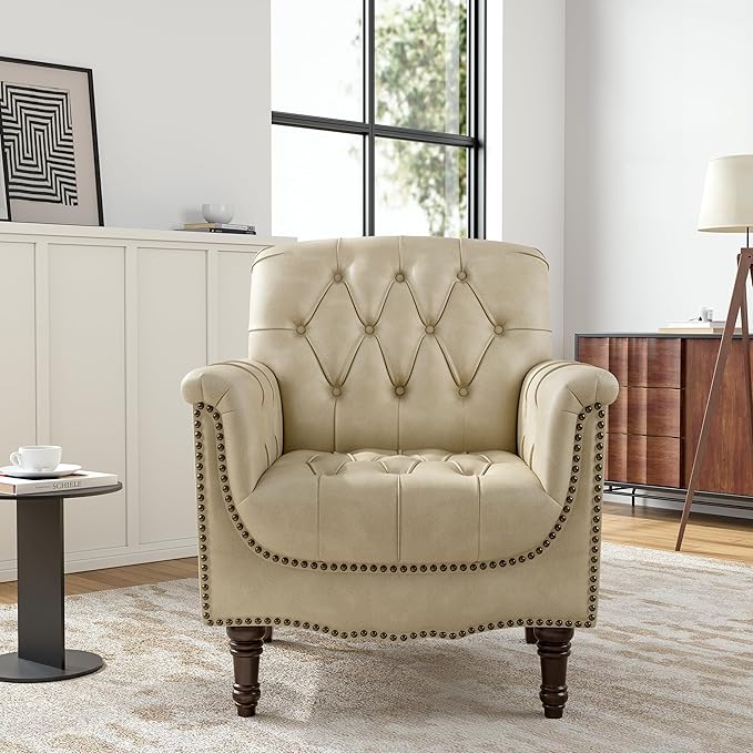 Faux Leather Club Chairs Set of 2, Retro Upholstered Armchair Accent Chair with Solid Wood Legs & Nailhead Trim for Living Room/Reading Room, Beige