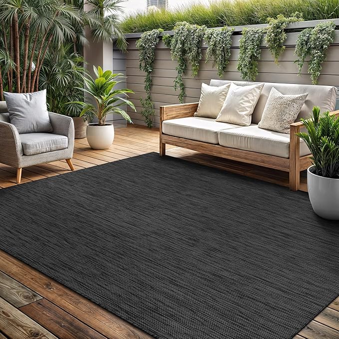 Washable Indoor Outdoor Rug 9x12 Weather Resistant Area Rugs Modern Solid for Porch Deck Balcony Backyard Patio Outside Carpet (9 X 12 Dark Grey)