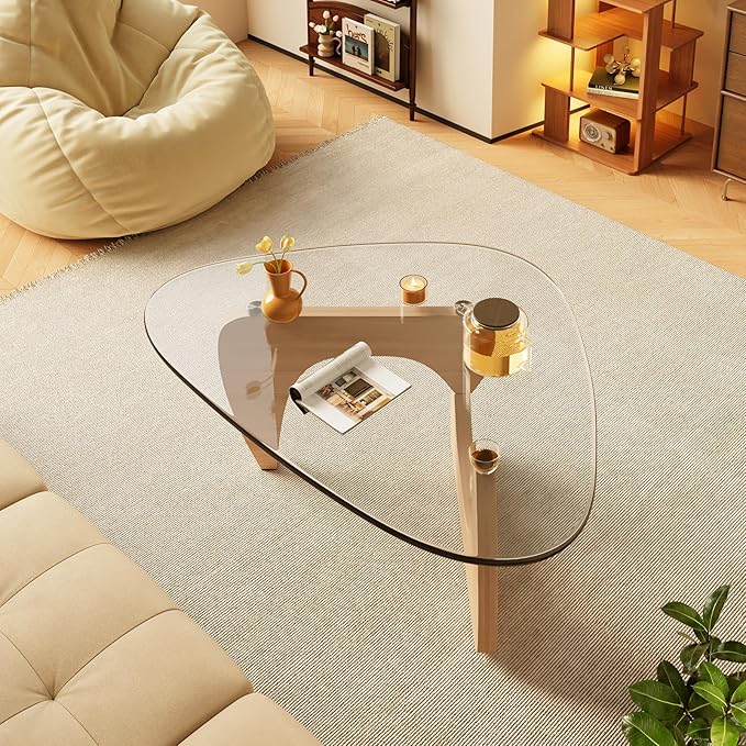 Coffee Tables Glass Small Farmhouse Coffee Table Mid-Century Modern Wood Center Table for Living Room, Original Transparent, 45 Inch