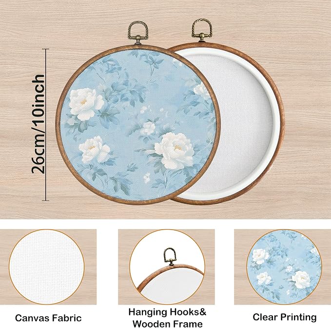 KSDUT Retro Aesthetic White Floral Wall Art Decor - Botanical Neutral Mid Century Modern Blue Wall Art Canvas Frame Hanging Prints, Vintage Landscape Round Wall Art Decor for Home Decorations 10"x10"
