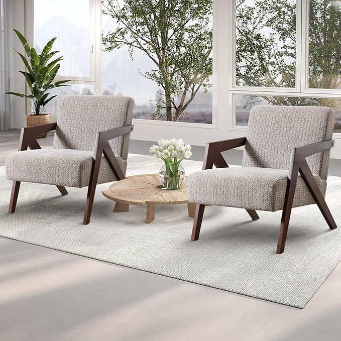 INZOY Mid Century Modern Accent Chair with Wood Frame, Upholstered Reading Armchair with Soft Linen Fabric, Accent Chair for Living Room Bedroom Apartment, Easy Assembly, Light Brown