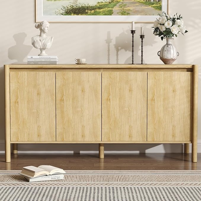 59" Wide Oak Buffet Cabinet Storage,4 Doors and Adjustable Shelves,Solid Wood Round Legs,Wood Mid Century Sideboard for Kitchen,Living Room,Coffee Bar.