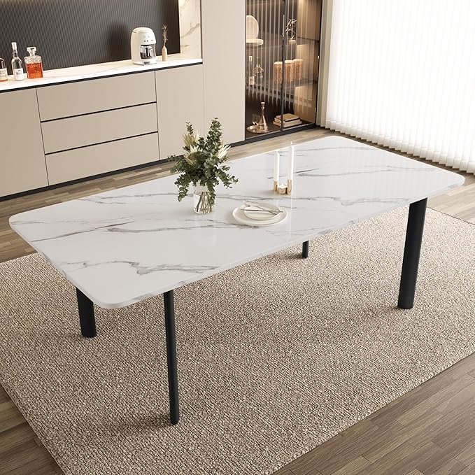 Extendable Dining Table for 6-8 People, 63 to 78.7 Inch Rectangular Table, White MDF with Sturdy Metal Legs, Space-Saving for Dining Room, Kitchen, Small Spaces