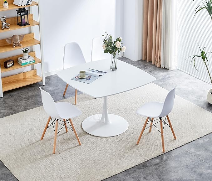 41.12 inches Square Dining Table for 4, Special Kitchen Table with Tulip Shape & Metal Pedestal Base, Mid Century Modern Bistro White Tulip Table for Kitchen, Small Space, Cafe