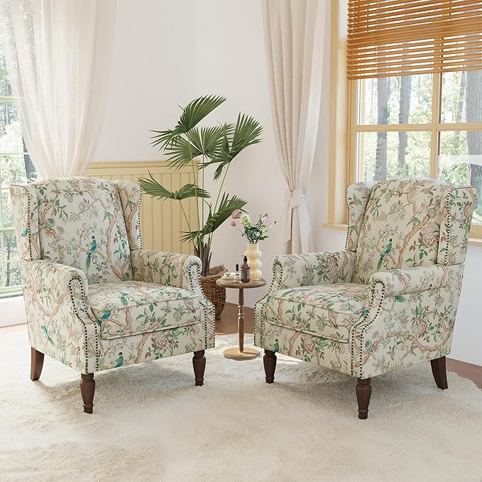 Lumibee High Back Accent Chair Set of 2, Armchair in Fabric,Comfy Upholstered Wingback Single Sofa Reading Chairs with Solid Wood Legs for Living Room,Bedroom,Office-Bird