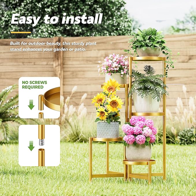 Gold Stand Plants, 5 Tiered Plant Stand Indoor for Multiple Large Planter, Tall Heavy Duty Adjustable Folding Rack with Rustproof 7.9 Inch Wide Tray, Plant Shelf for Corner - GoldDisk
