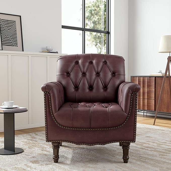 Faux Leather Club Chairs Set of 2, Retro Upholstered Armchair Accent Chair with Solid Wood Legs & Nailhead Trim for Living Room/Reading Room, Dark Red