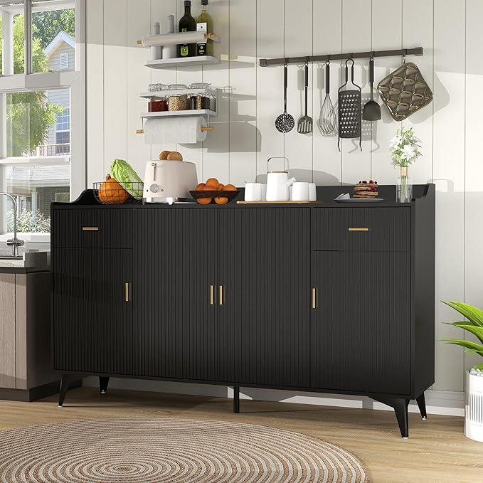 Black Buffet Cabinet with Storage: 63" Fluted Sideboard Cabinet with 2 Drawers, Wood Accent Cabinet with 4 Doors, Wood Credenzas for Living Room, Kitchen (63")