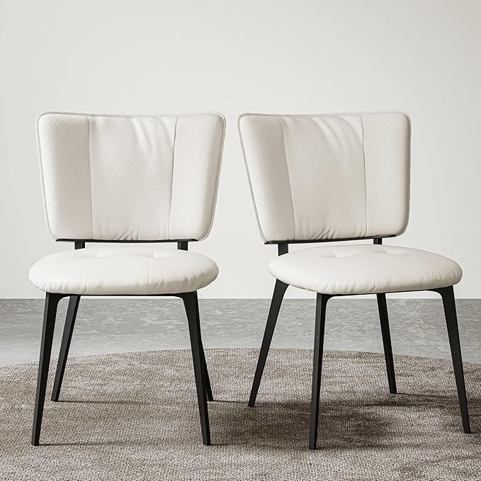 Upholstered Kitchen Dining Chairs Set of 2, Modern PU Leather Dining Chairs with Comfortable Round Seat & Metal Legs, Easy Assembly, Kitchen Living Room Lounge Restaurant, Beige