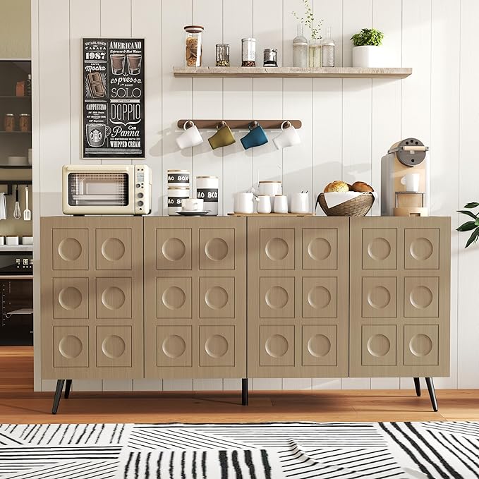 Sideboard Buffet Cabinet with Storage: 63" Large Accent Fluted Oak and Black Buffet Cabinet with 4 Doors, Mid Century Modern Credenzas for Living Room (Oak and Black)