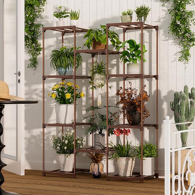 Plant Stand Indoor Outdoor Plant Shelf Stand, 4 Tiers 10 Pots Large Potted Metal Flower Plant Rack for Multiple Plants, Hanging Tall Planter Holder for Patio Balcony Living Room Corner Porch Garden Boho Decor Brown