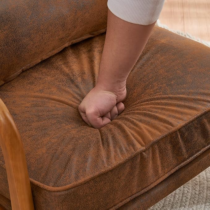 Karl home Accent Chair Mid-Century Modern Chair with Pillow Bronzing Cloth Upholstered Lounge Arm Chair with Solid Wood Frame & Soft Cushion for Living Room, Bedroom, Balcony, Brown