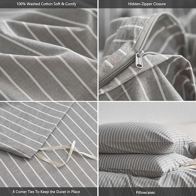 MooMee Striped Duvet Cover Set 100% Washed Cotton Linen Like Textured Breathable Durable Soft Comfy (Light Grey White Wide Stripes, Super King Plus 120"x120")
